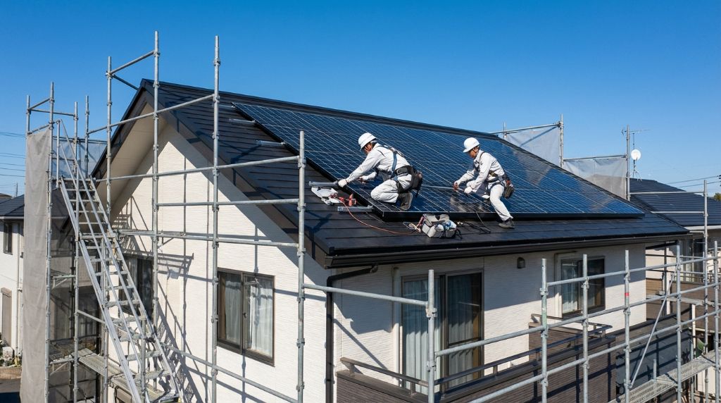 太陽光パネル設置工事の様子 - 専門職人による安全な施工